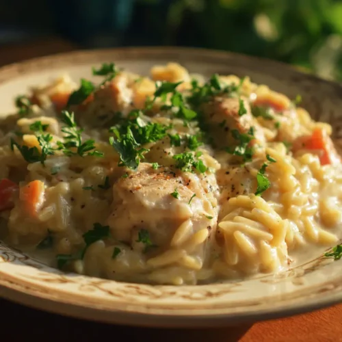 A delectable chicken orzo casserole, baked to golden perfection