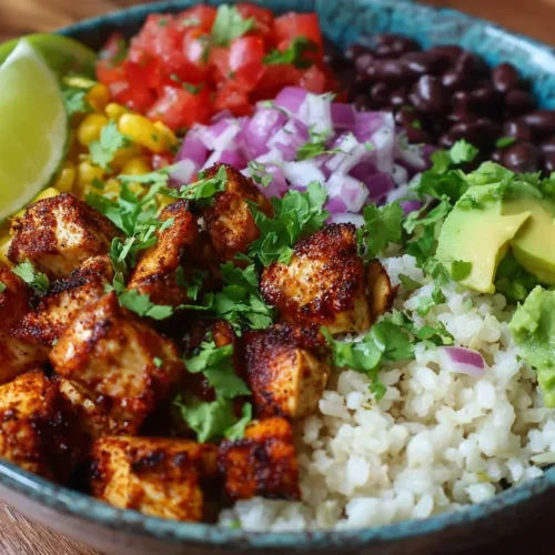 A vibrant chipotle burrito bowl overflowing with fresh ingredients like rice, beans, corn, and salsa.