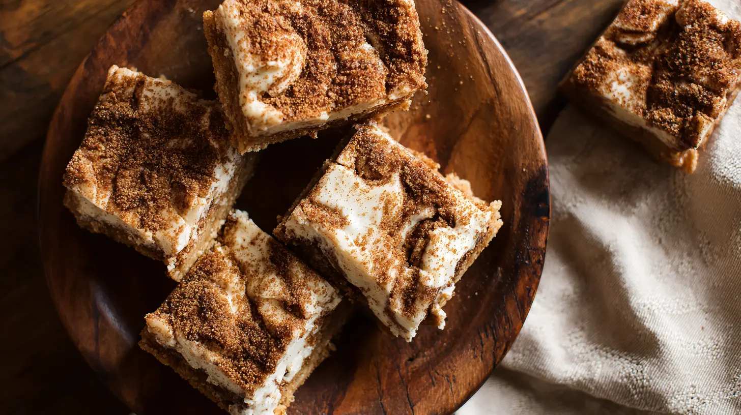 A close-up of a tray of freshly baked cinnamon roll bliss bars with white icing.