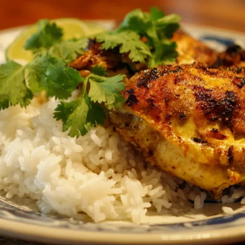 Delicious coconut lime chicken served with fresh herbs.