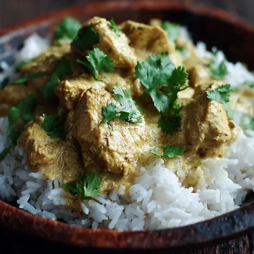 A bowl of savory coconut milk chicken, garnished lightly.
