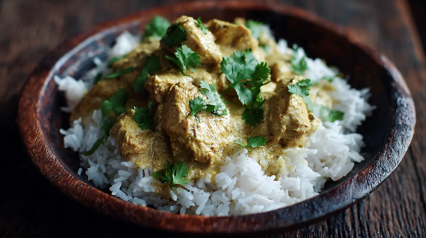 A bowl of savory coconut milk chicken, garnished lightly.