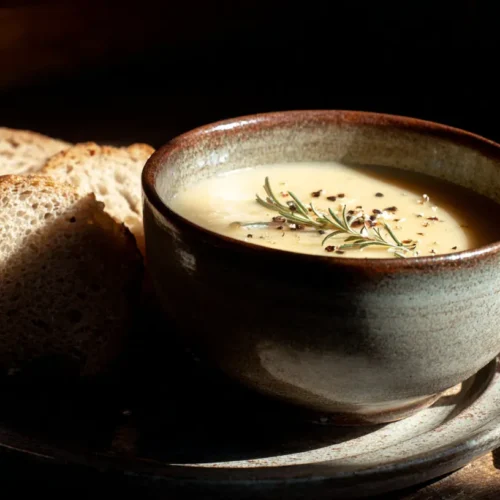 A steaming bowl of creamy chicken soup garnished with fresh herbs.