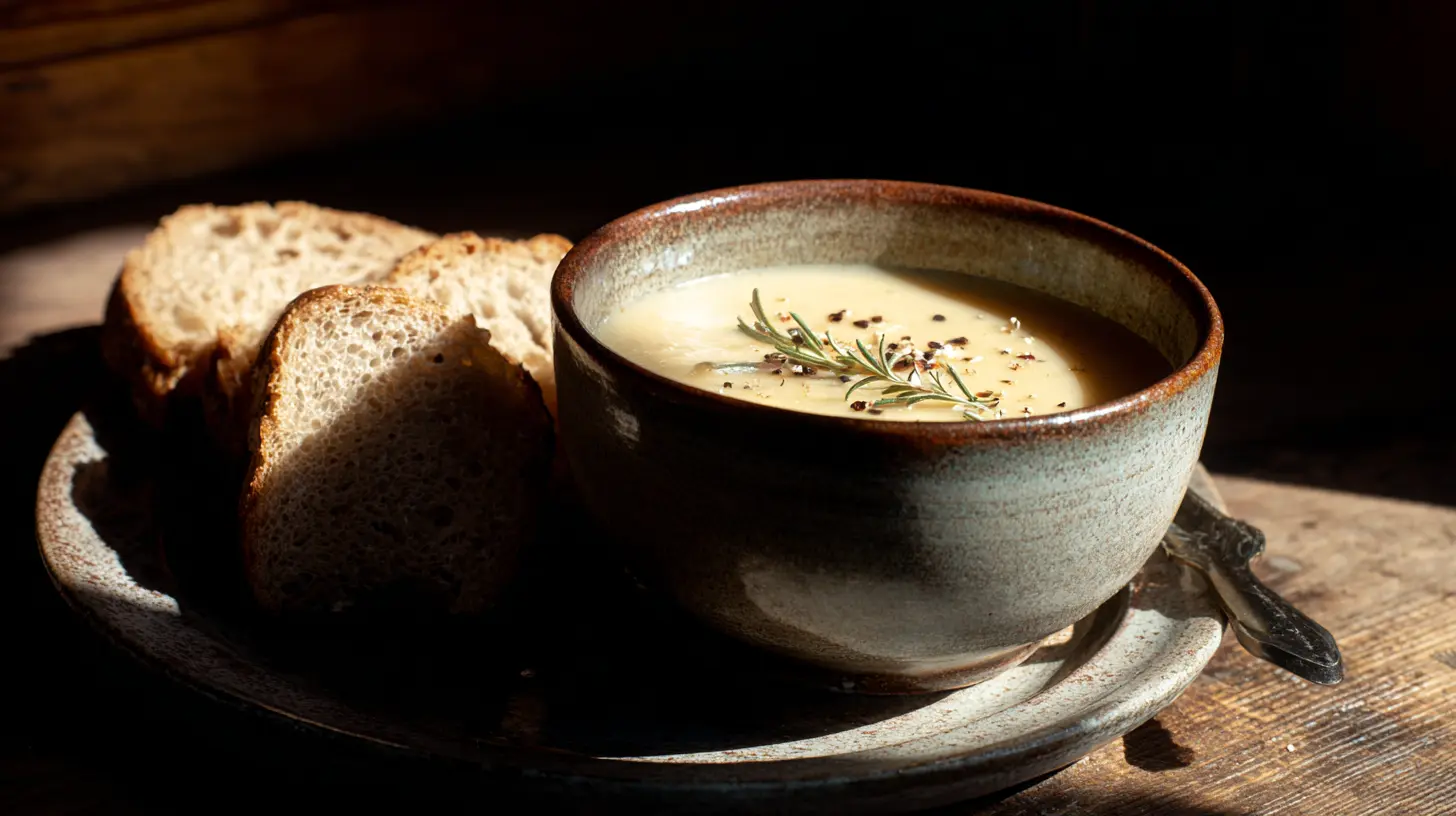A steaming bowl of creamy chicken soup garnished with fresh herbs.