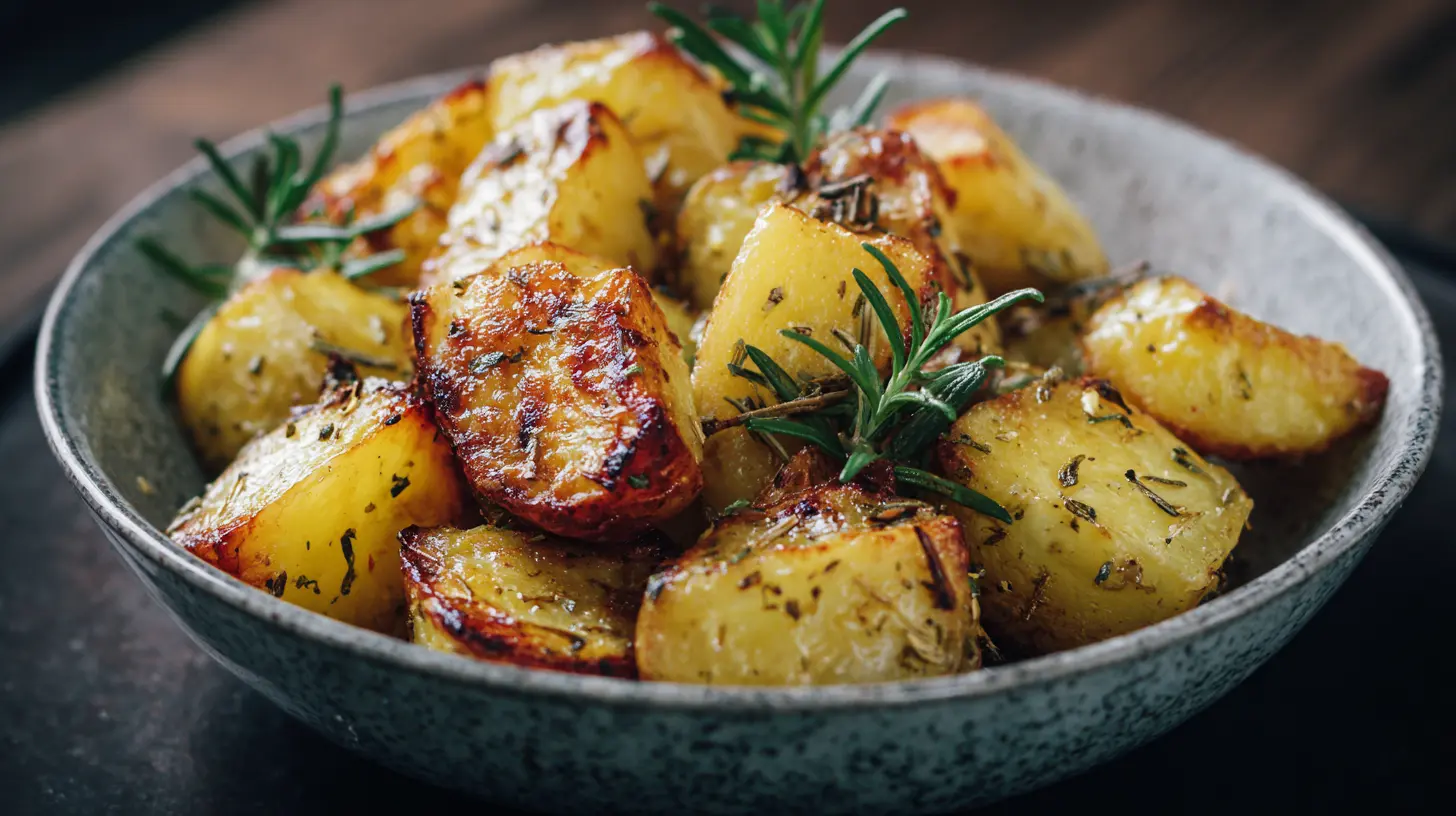 A serving of golden brown crispy Greek potatoes, seasoned with herbs.