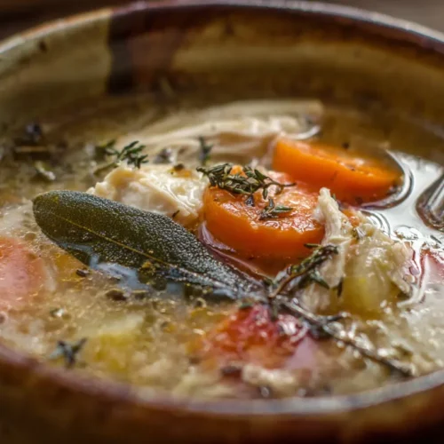 A steaming bowl of Crock Pot Chicken soup with vegetables