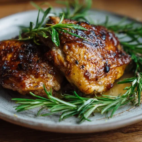 Cooked Crockpot chicken thighs in a slow cooker.
