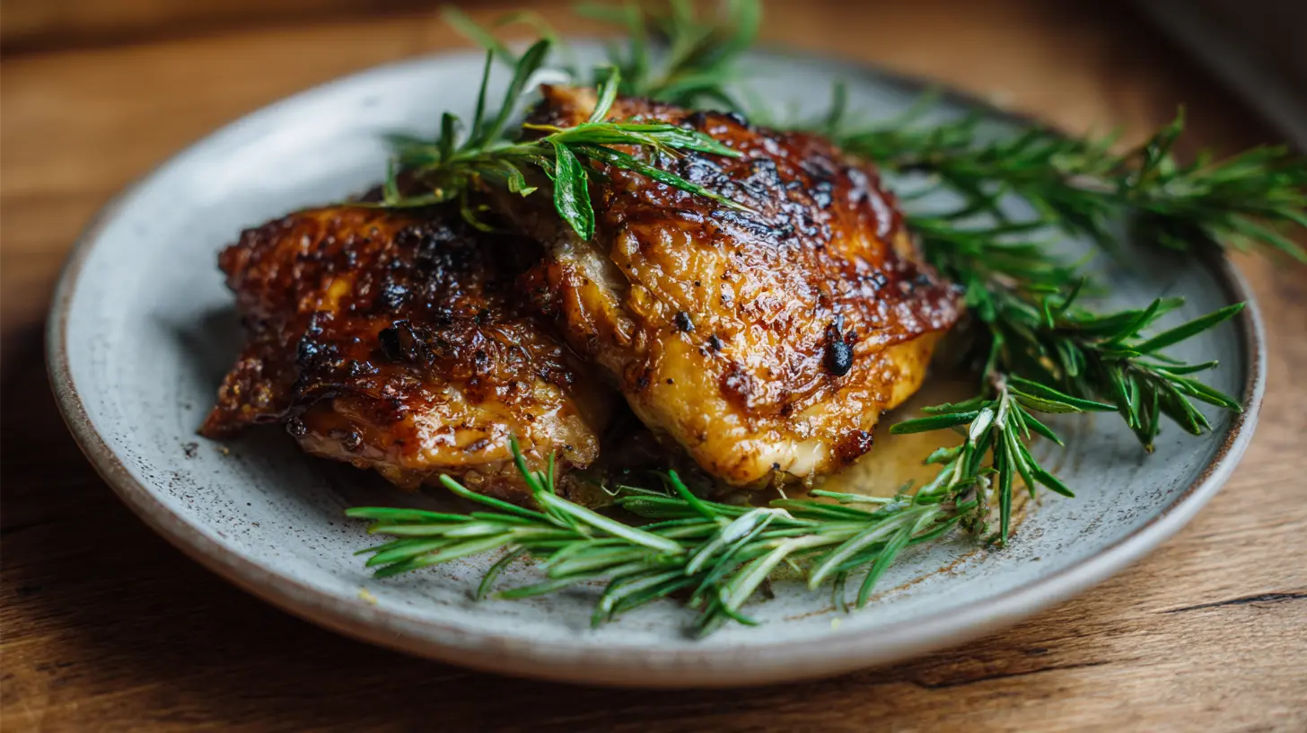 Cooked Crockpot chicken thighs in a slow cooker.