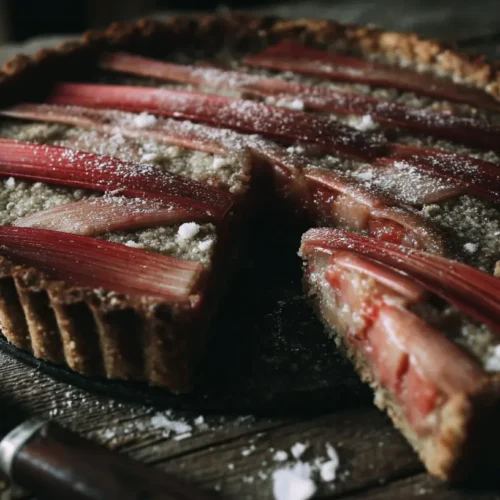A delicious rhubarb tart with a flaky crust on a white plate.