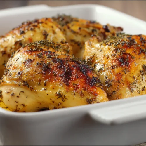 A baking dish filled with ingredients for dump-and-bake chicken