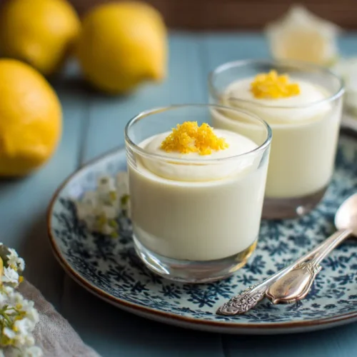 A light and airy easy lemon mousse in a glass dish