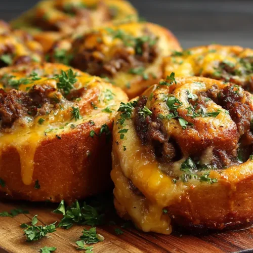 Golden brown Garlic Butter Cheeseburger Rollups stacked on a white plate, ready to serve.