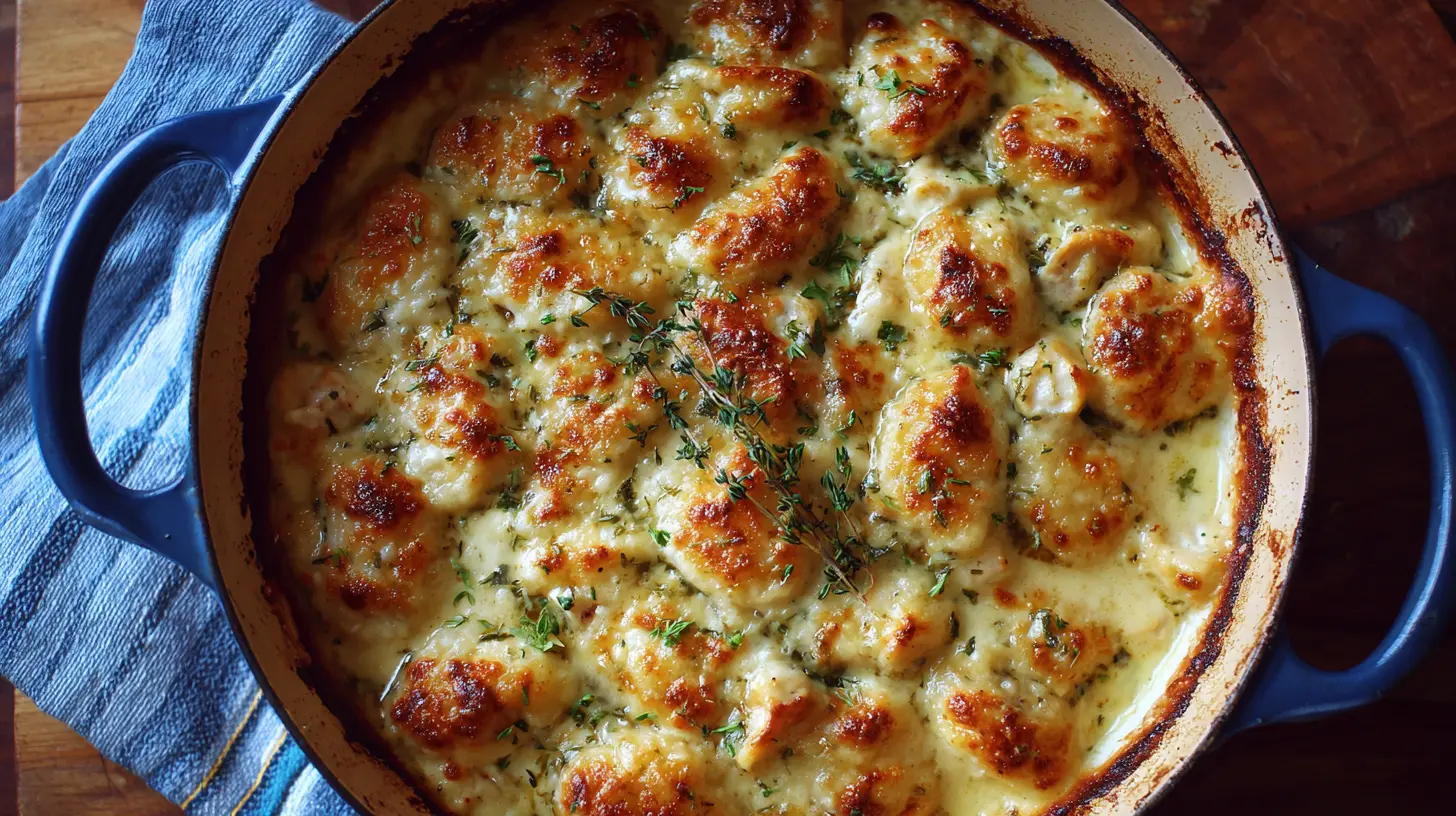 A steaming Gnocchi Chicken Pot Pie with a golden-brown gnocchi topping