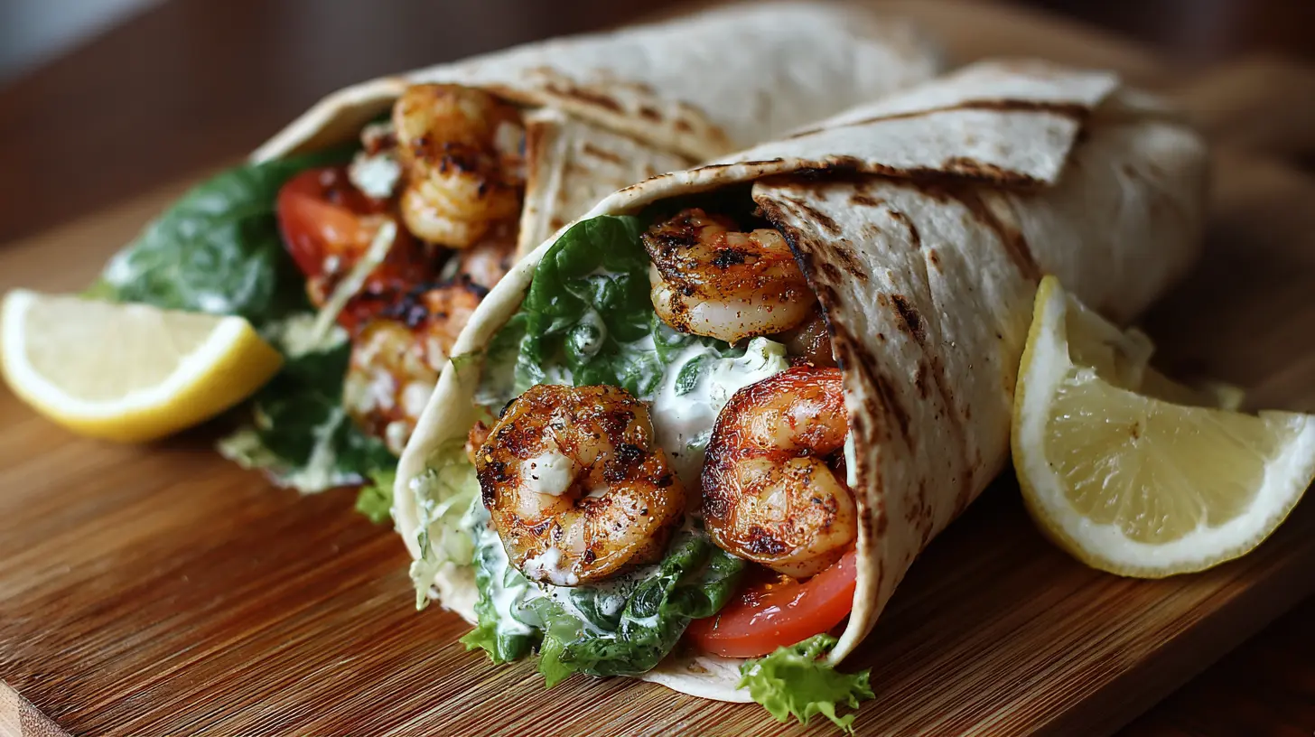 Delicious grilled shrimp caesar wraps, fresh and ready to eat