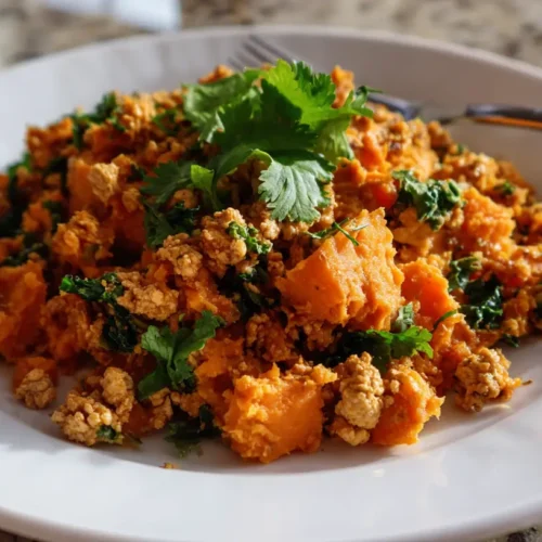 Close-up of ground turkey and sweet potato, seasoned and cooked