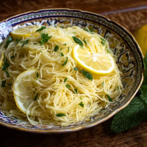 A vibrant lemon capellini salad, tossed with fresh herbs and vegetables.