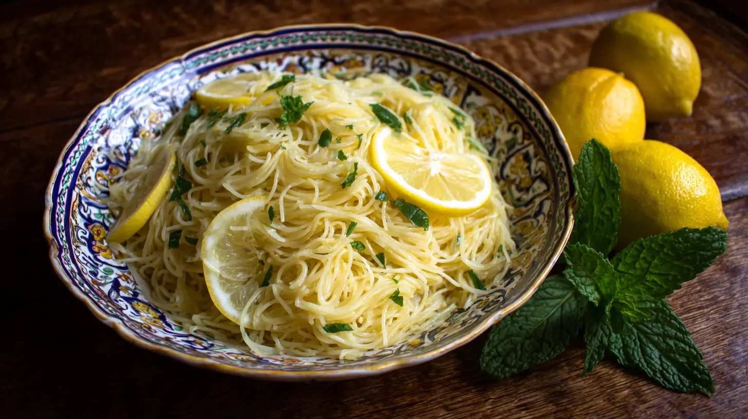 A vibrant lemon capellini salad, tossed with fresh herbs and vegetables.