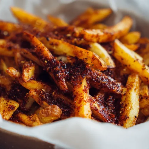 A plate stacked high with Louisiana Voodoo Fries, drizzled with unique sauces and toppings.