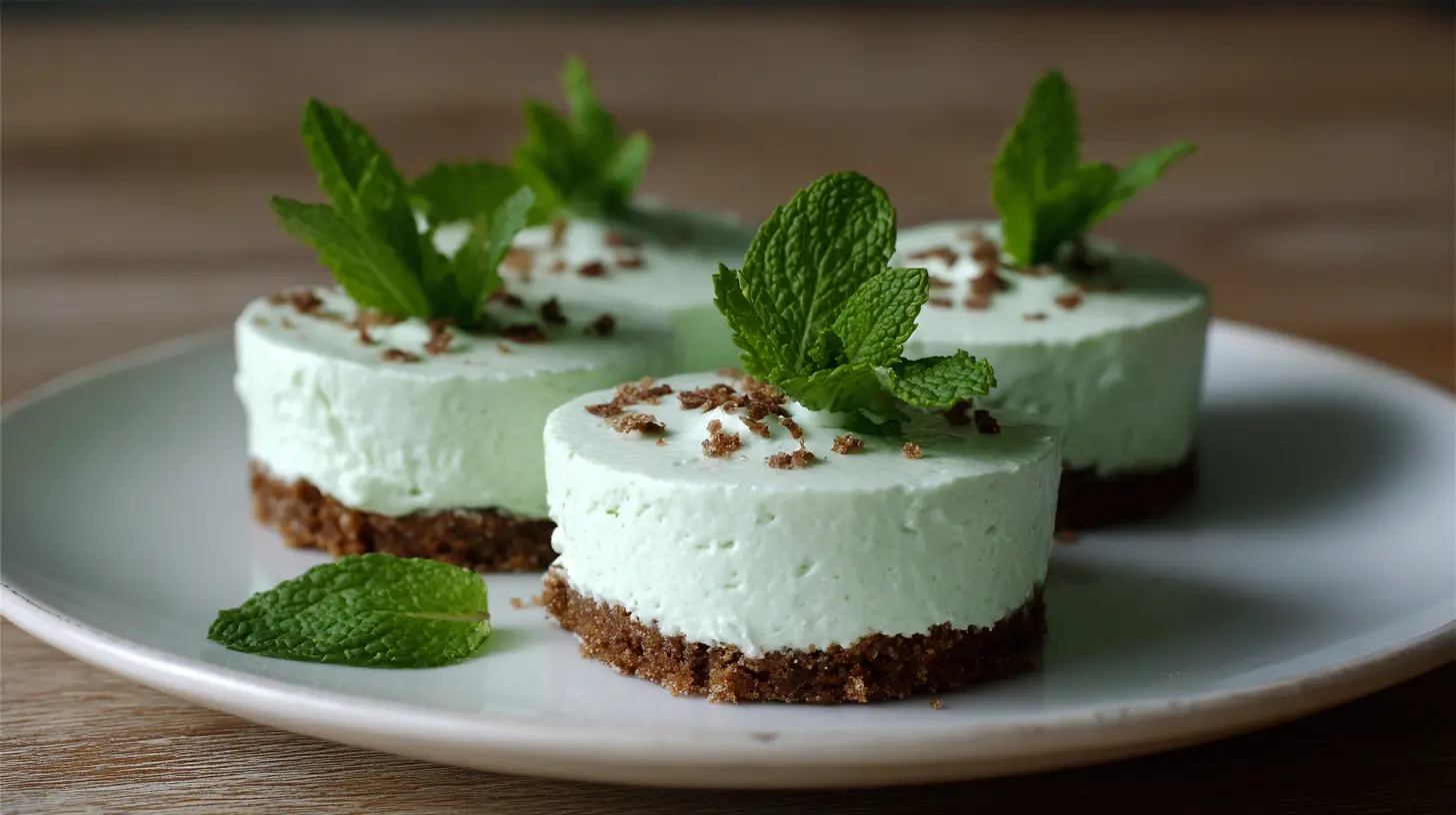 Mini mint cheesecakes topped with chocolate shavings