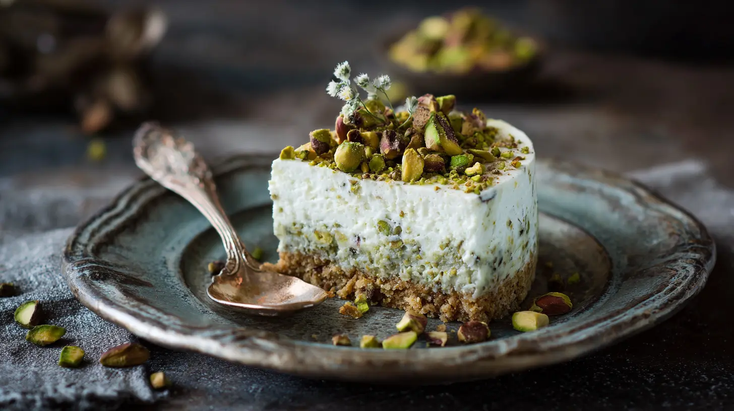 A delectable no bake pistachio cheesecake with a creamy green filling