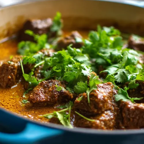 A rich one-pot creamy beef dish in a pan, ready to serve.