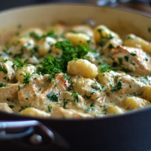 A hearty one pot gnocchi chicken dish with vegetables and sauce