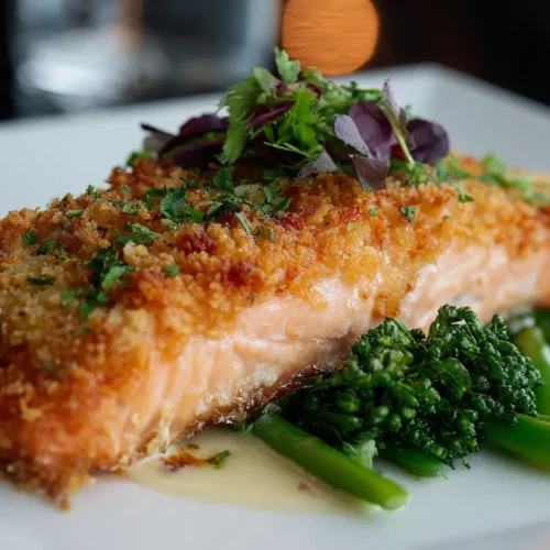 A serving of parmesan crusted salmon baked to golden perfection.