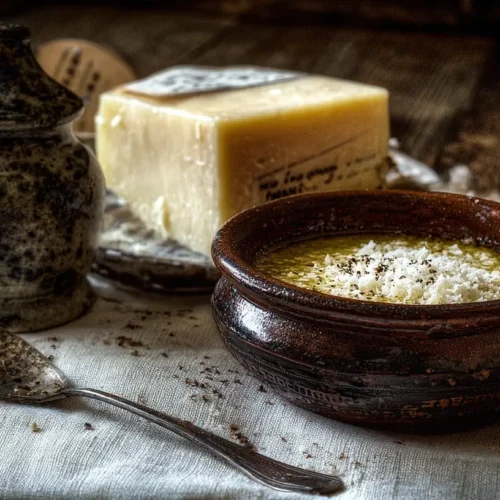 A bowl of homemade Parmesan vinaigrette dressing, showcasing its creamy texture.