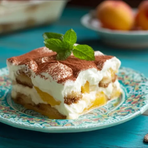 A serving of delicious peach tiramisu in a clear glass dish, layered with cream and peaches.