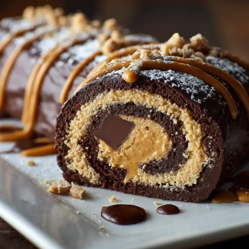 A decadent peanut butter cup chocolate roll, sliced and ready to serve.