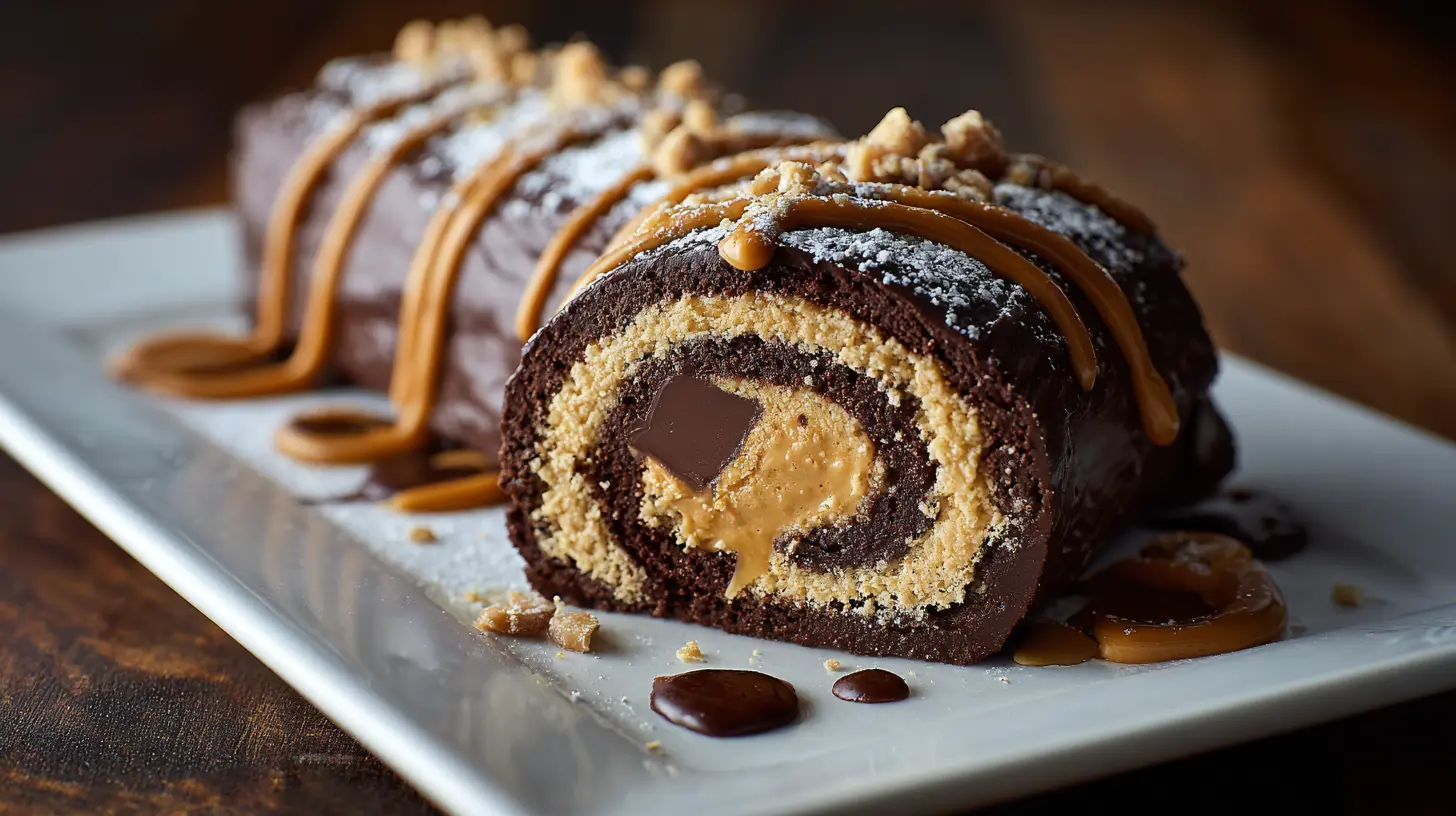 A decadent peanut butter cup chocolate roll, sliced and ready to serve.