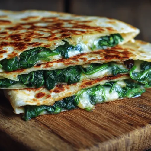 Freshly made quesadillas filled with vibrant green spinach and melted cheese.