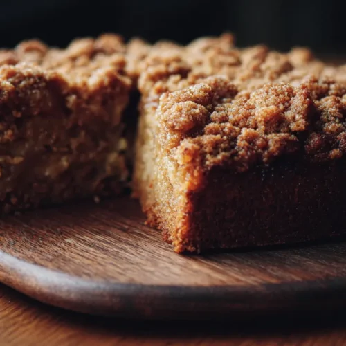 A freshly baked rhubarb coffee cake, sliced and ready to serve.