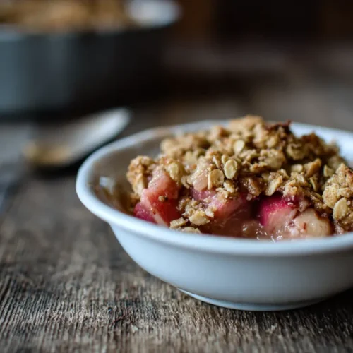 A freshly baked rhubarb crisp with crumble topping in a ceramic dish.