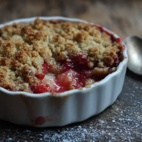 Close-up of a rhubarb crisp with a golden crumble topping, fresh from the oven.