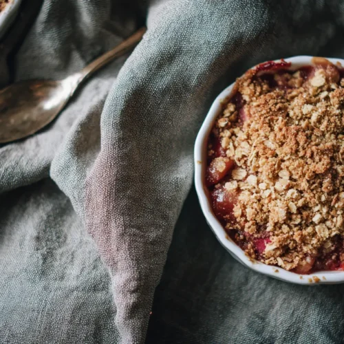 A freshly baked rhubarb crisp with a golden, crunchy crumble topping in a ceramic dish.