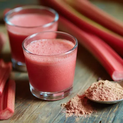 A variety of artfully prepared rhubarb desserts on a rustic wooden table