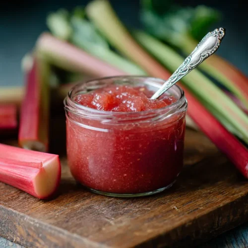 A collection of rhubarb jam recipes displayed on a rustic kitchen counter.