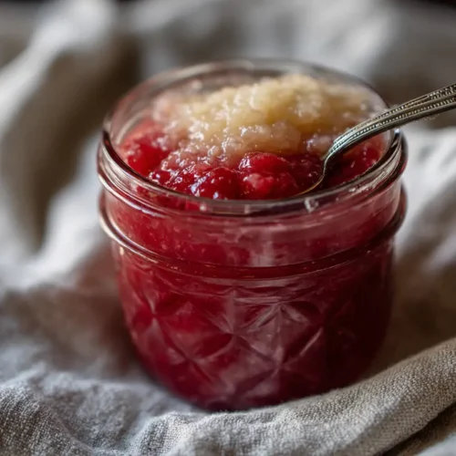 A vibrant jar of homemade rhubarb jam with fresh rhubarb stalks in the background
