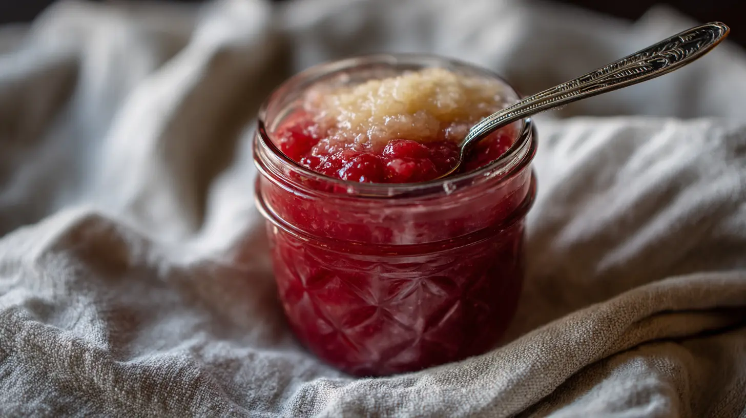 A vibrant jar of homemade rhubarb jam with fresh rhubarb stalks in the background