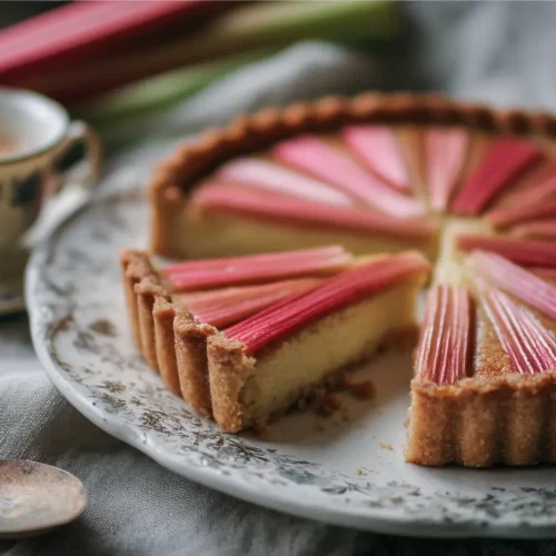 A freshly baked rhubarb tart with a golden crust