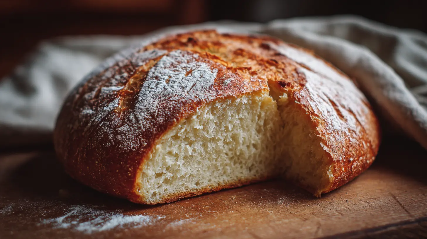 A freshly baked rustic crockpot bread with a golden-brown crust