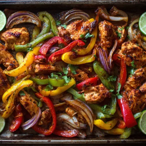 Sheet pan chicken fajitas with colorful bell peppers and onions, ready to serve