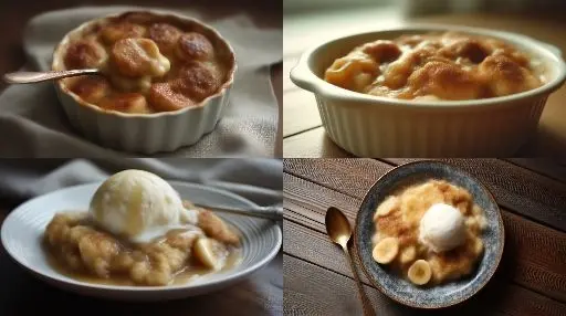 A rustic pan of Southern banana cobbler with golden-brown crust