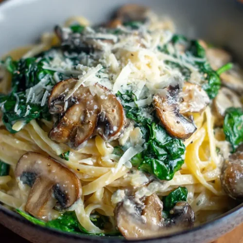 A vibrant bowl of spinach mushroom pasta, rich with greens and earthy mushrooms