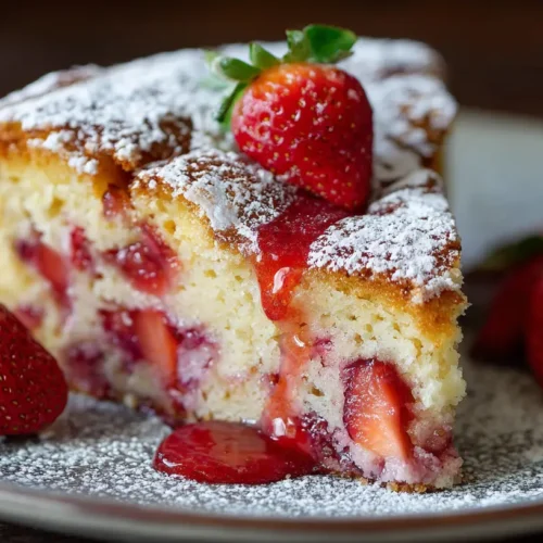 A vibrant Strawberry Earthquake Cake with a rich cream cheese swirl.