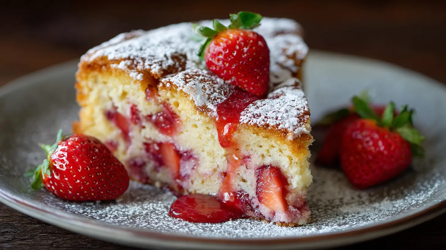 A vibrant Strawberry Earthquake Cake with a rich cream cheese swirl.