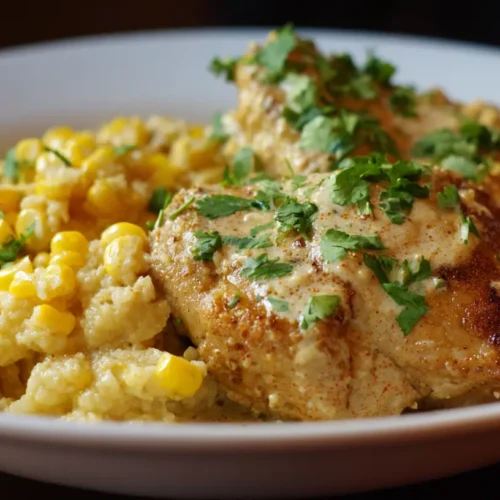A vibrant plate of grilled street corn chicken garnished with fresh herbs and lime.