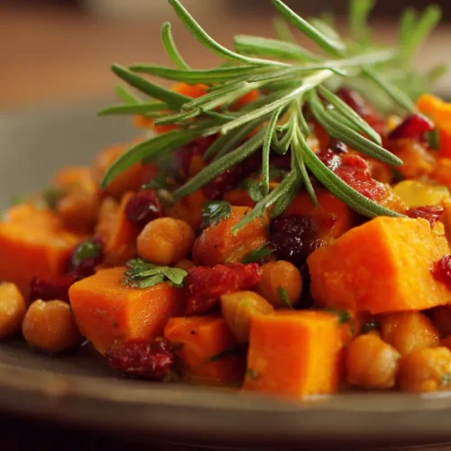 A vibrant dish featuring sweet potato and chickpea with fresh herbs