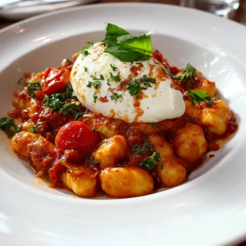 A close-up of tomato gnocchi served with a creamy burrata cheese dollop and fresh basil leaves.